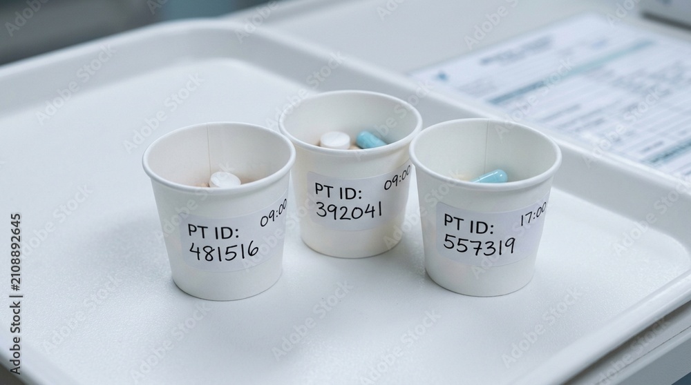 Obraz premium Close-crop of small paper medication cups each labeled with a patient identifier number