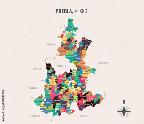 Puebla Mexico Estado into Municipio in a minimalist colorful style map showing