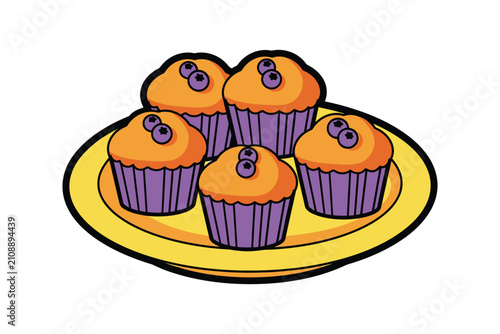 Cartoon Blueberry Muffins on a Yellow Plate Illustration