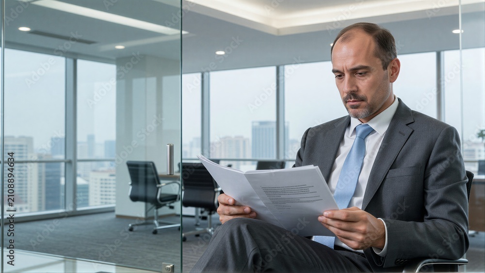 Fototapeta premium Man in suit reads documents in modern office with city view through large windows.