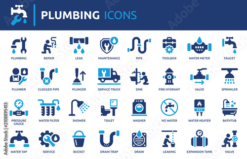 Obraz na płótnie Plumbing Icons Set, Containing Plumber, Pipe, Repair, Leak Detection, Maintenance and Bathroom