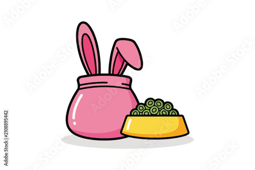 Cartoon Bunny Bag and Pet Food Bowl Illustration