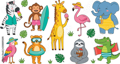 Photography Cute Tropical Summer Safari Animals Vector Set with Cartoon Jungle Characters fo