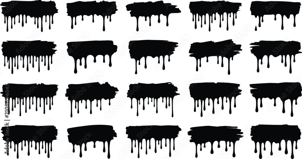 Fototapeta premium Black dripping paint brush stroke vector set for grunge, graffiti, and abstract design backgrounds