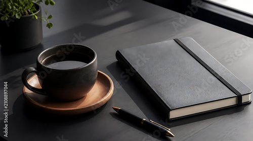 A dark ceramic coffee cup on a wooden saucer next to a closed notebook and a pen.
