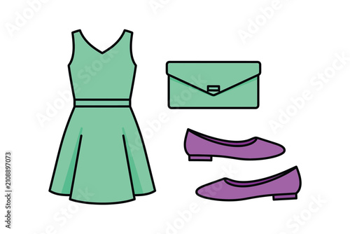Green dress and purple shoes fashion outfit vector illustration