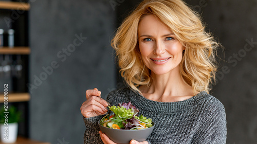 Attractive mature woman holding bowl of fresh healthy green salad in modern kitchen