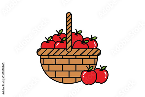 Wicker Basket with Red Apples Vector Illustration
