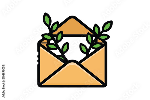 Open Envelope with Green Leaves and Blank Card Vector