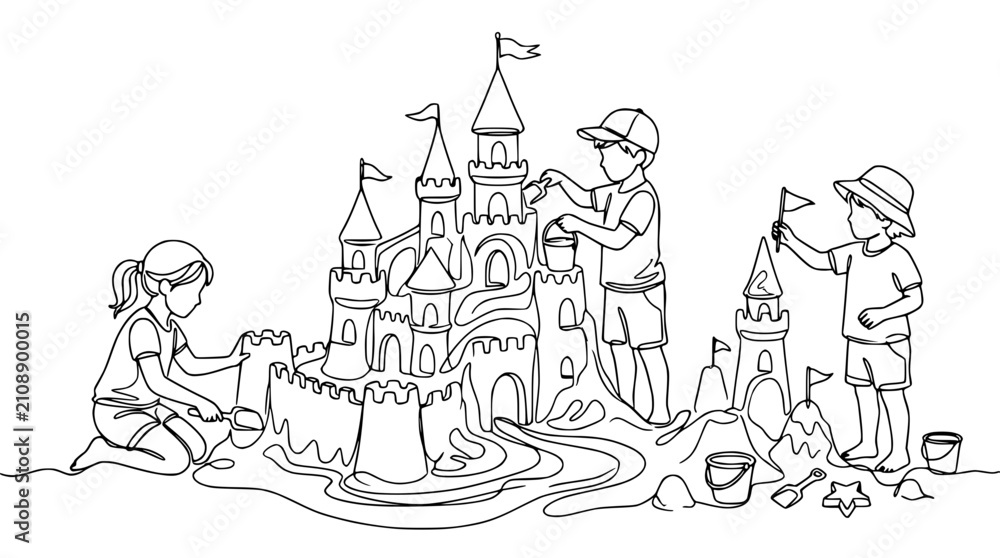 Naklejka premium Children building a sandcastle on the beach, summer vacation, line art illustration.