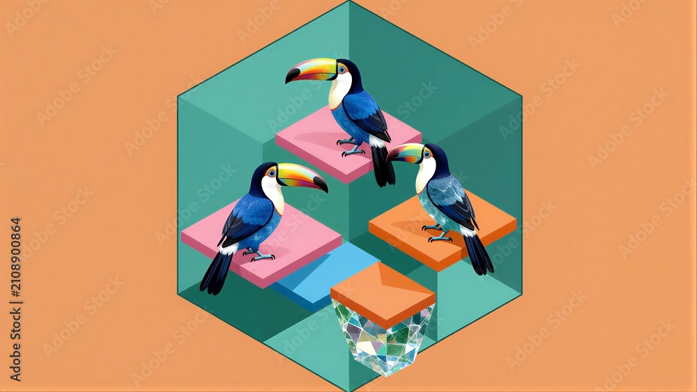 Fototapeta premium Three toucans perch on colorful platforms within a geometric, gemstone-adorned space.