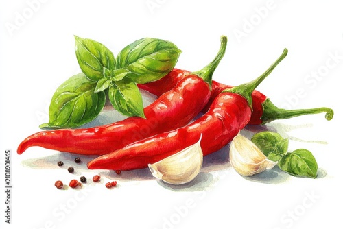 Fresh red chili peppers with garlic cloves and green basil leaves for culinary seasoning.