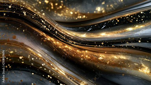 Abstract flowing wave pattern with dark and gold liquid metallic paint texture