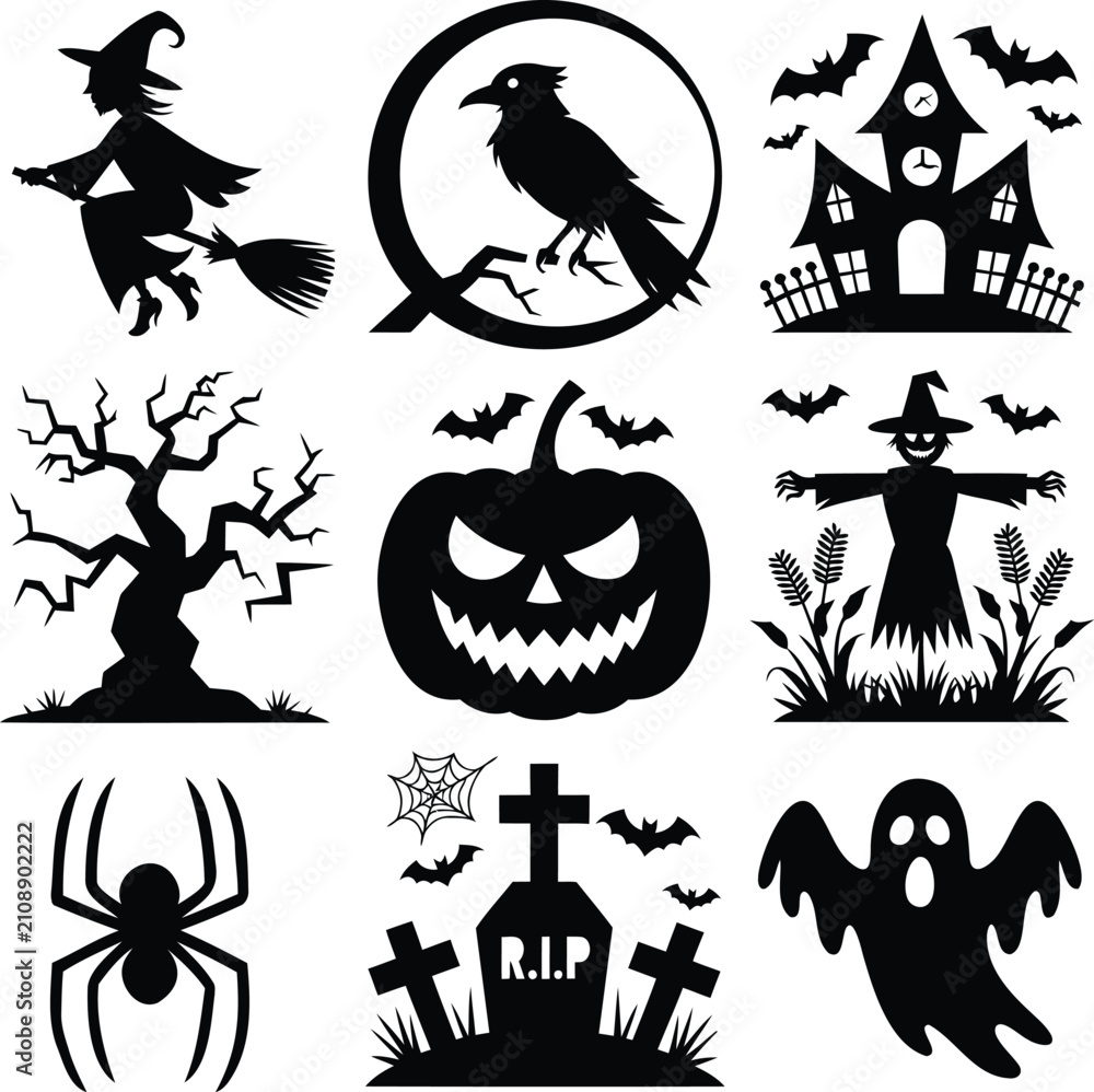 Fototapeta premium Comprehensive set of black Halloween silhouettes featuring various spooky elements and traditional symbols