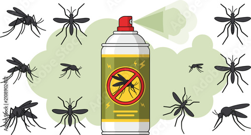 Quadro su tela Insecticide Aerosol Spray Can and Mosquito Control Illustration with Bug Repelle
