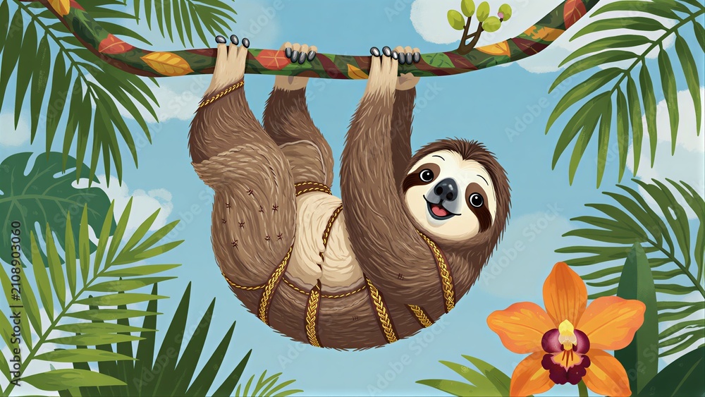 Fototapeta premium A happy sloth hangs from a vine in a vibrant jungle with flowers and leaves.