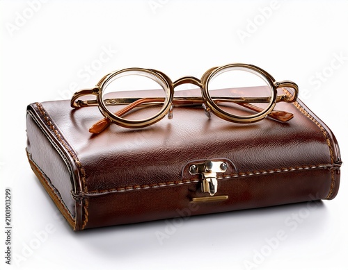 a vintage pair of wire frame spectacles featuring aged glass and a matching leather case capturing a scholarly and nostalgic aesthetic isolated on a white background