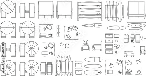 Top View Outdoor Furniture CAD Blocks Set with Patio Seating, Umbrellas, Sun Loungers, Tables and Recreation Elements