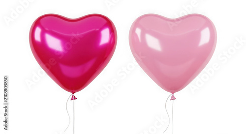 Two shiny heart shaped balloons in dark pink and light pink colors isolated on transparent background