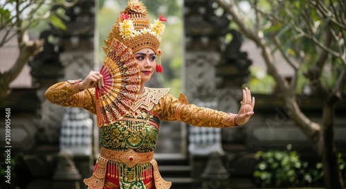 Balinese dancer in traditional costume with fan, performing cultural dance outdoors