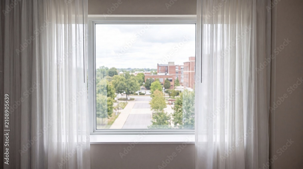Obraz premium Window with sheer curtains overlooking a leafy city street with residential buildings