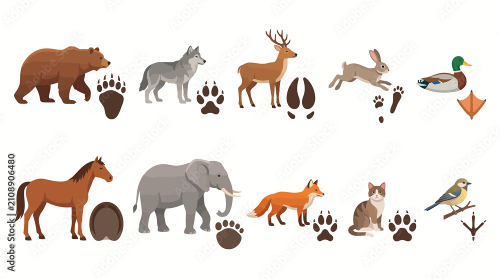 Fototapeta premium Animal footprints and animals in nature scene. Wildlife tracks with various animals including bear, wolf, deer, rabbit, duck, horse, elephant, fox,...