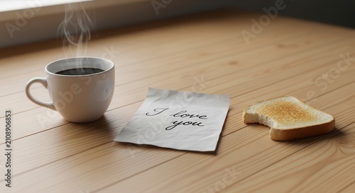 Breakfast table with coffee, toast, and love note