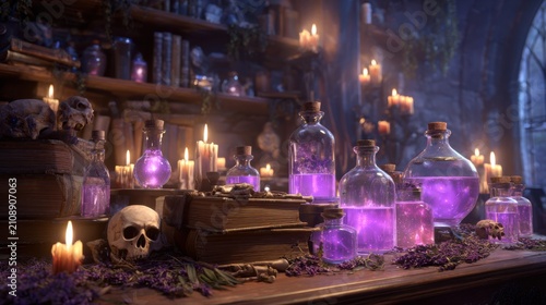 Magical alchemist wooden table filled with purple glowing potions and skulls near candles.