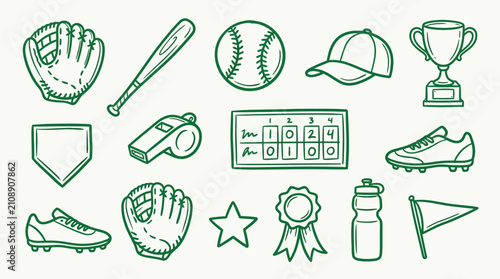 Collection of baseball equipment and symbols in a hand-drawn doodle style.