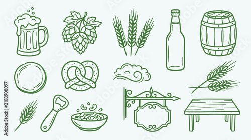 Quadro su tela Collection of hand-drawn beer-related icons including a mug, hops, wheat, bottle, barrel, pretzel, and more