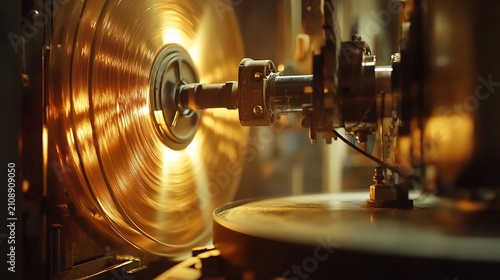 Vintage record press in operation, a close-up view of the golden discs