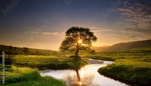 majestic tree illuminated by golden sunrise over serene stream in lush natural landscape