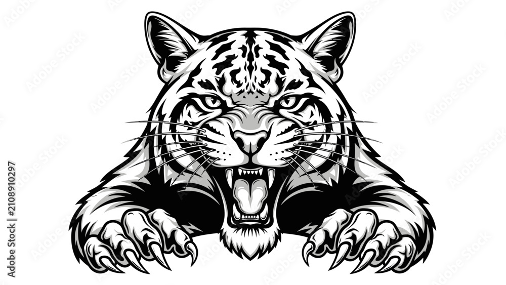 Fototapeta premium Aggressive Jaguar Roaring with Claws Extended, Black and White Vector Illustration