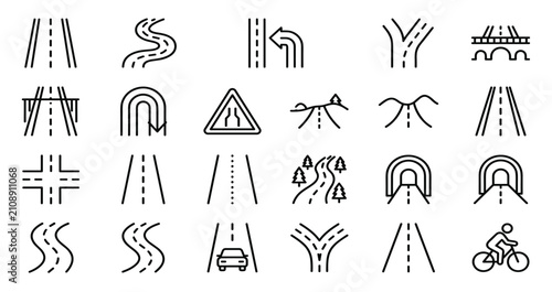 Roads icons collection black line on transparent background