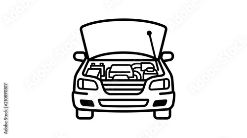 Black and white outline icon of a car with an open hood for maintenance.