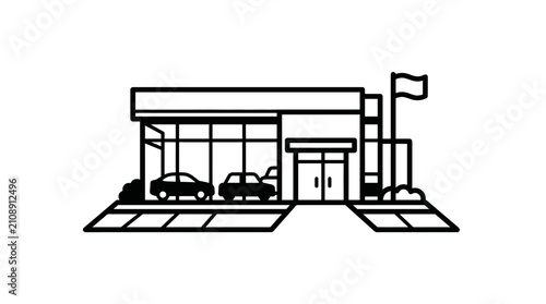 Simple black and white line art illustration of a car dealership building.