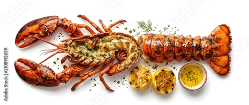 Whole cooked lobster with lemon and butter sauce ready to eat