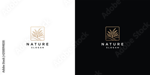Elegant Golden Nature Logo Template with Minimal Line Art Plants in Square Frame