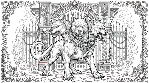 Foto Mythological Cerberus three headed dog vector illustration, gothic underworld ga