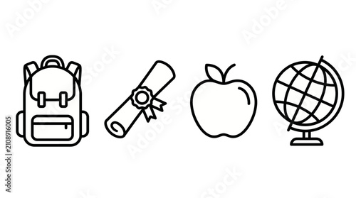 An illustration comprising of simple school-themed icons that includes a backpack, diploma, apple, and globe, symbolizing education, knowledge, and learning essentials.