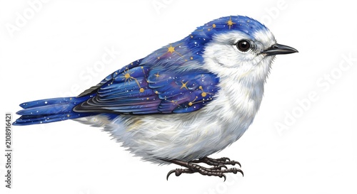 Celestial Songbird: A whimsical, artistic rendering of a small bird adorned with a celestial pattern of stars on its deep blue plumage, perched with a sweet, curious gaze.