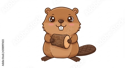 Cute Cartoon Beaver Holding a Log