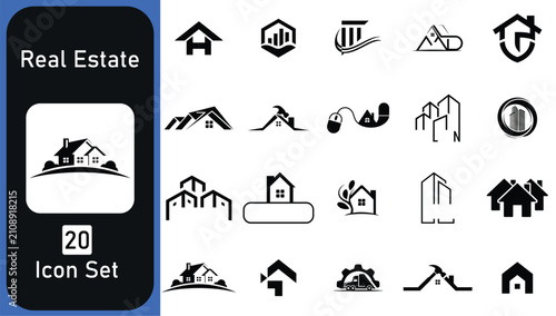 A comprehensive collection of twenty minimalist black and white real estate icons