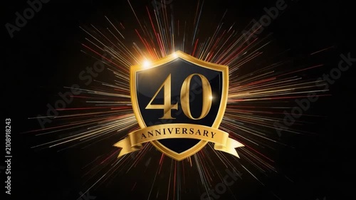 Golden 40th Anniversary Shield Logo with Light Rays. 4K Video