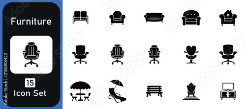 A Comprehensive Collection Of Fifteen Minimalist Black Furniture Icons On White Background