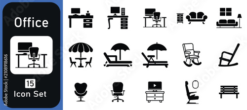 A comprehensive set of fifteen black silhouette office and furniture themed icons