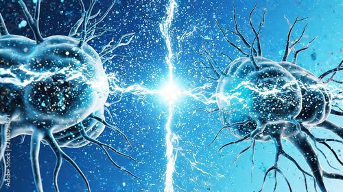 Two glowing abstract neurons suspended on a futuristic bright blue vertical background