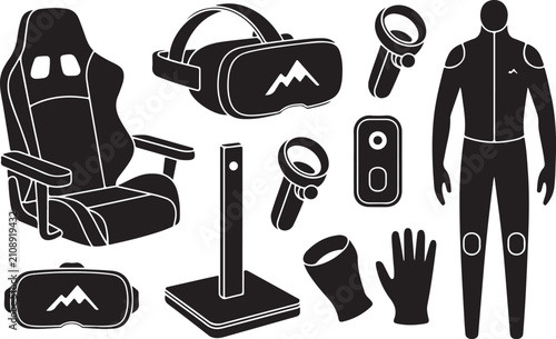 Virtual reality equipment silhouettes including headset goggles motion controllers haptic suit and gaming chair for immersive play.