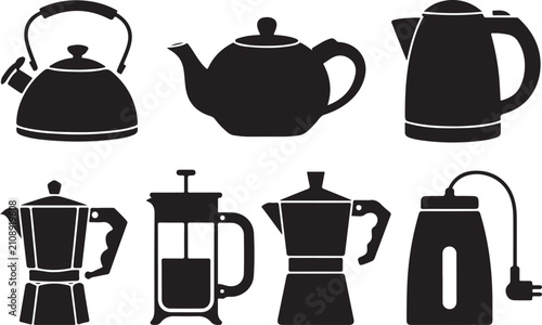Set of six kitchen beverage preparation icons, including various kettles and coffee makers.