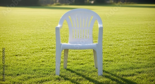 Single White Plastic Chair Standing Alone on a Lush Green Lawn in Bright Sunlight.